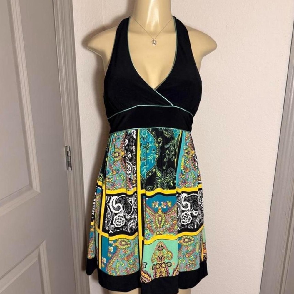 Black halter neck mini dress with multicolored paisley and floral print